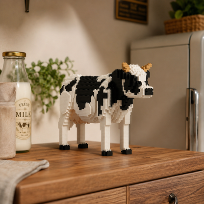 A small cow-shaped building block model, constructed in a black and white pattern with tan horns, displayed on a wooden kitchen cabinet next to a vintage-style milk bottle.