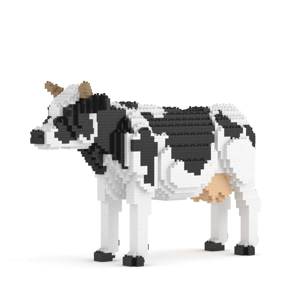 A pixelated cow figurine made of small interlocking blocks, shown in black, white, and tan on a plain white background.