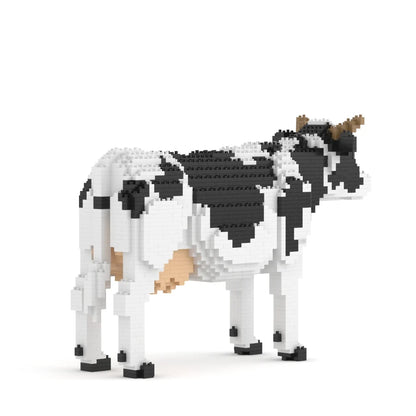 A pixelated cow model built from small interlocking blocks, shown in side profile on a clean white background. The cow is primarily white and black with a light tan patch on its flank and small brown horns.