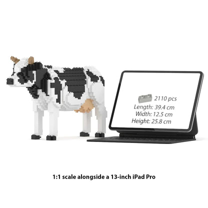 A 1:1 scale cow building block set shown next to a 13-inch iPad Pro displaying the product details, on a white background with text reading '1:1 scale alongside a 13-inch iPad Pro'.