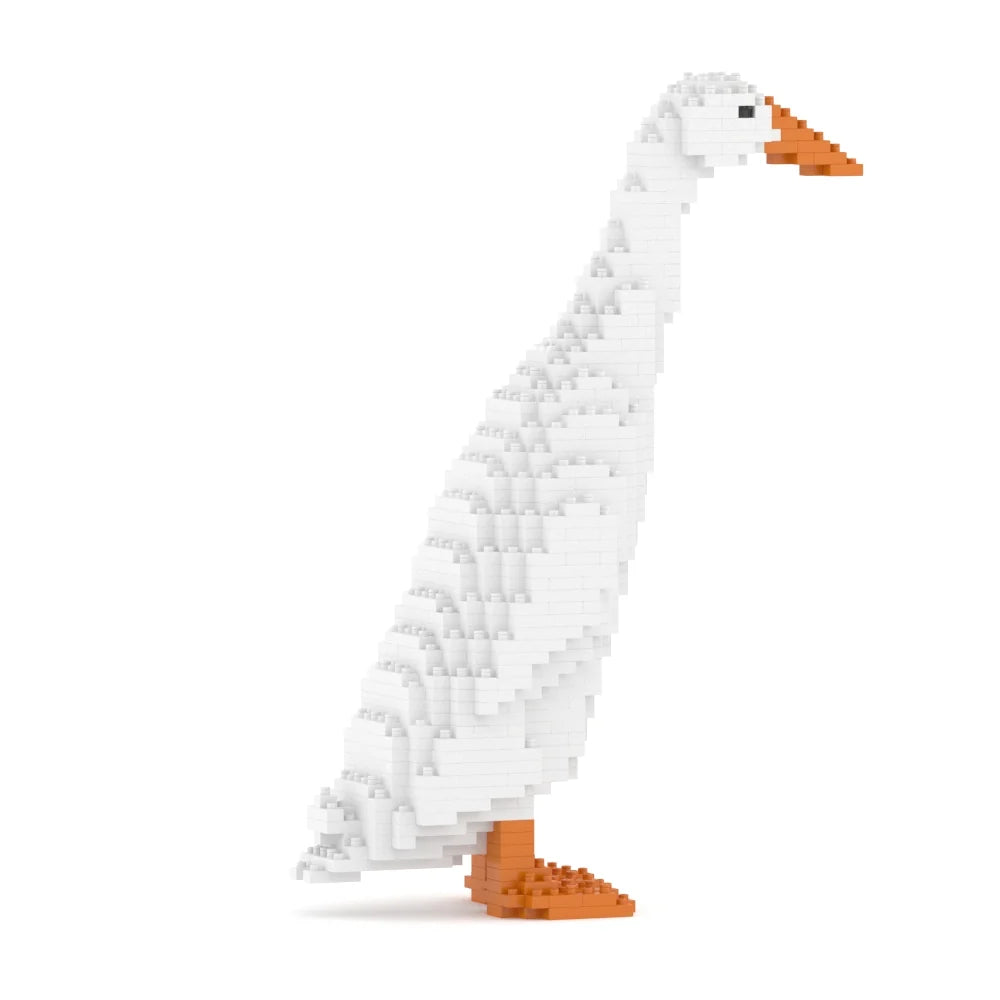 A white geese figure made of small block-like building pieces, shown in profile on a plain white background. The beak and feet are orange, and there is a small black eye detail.