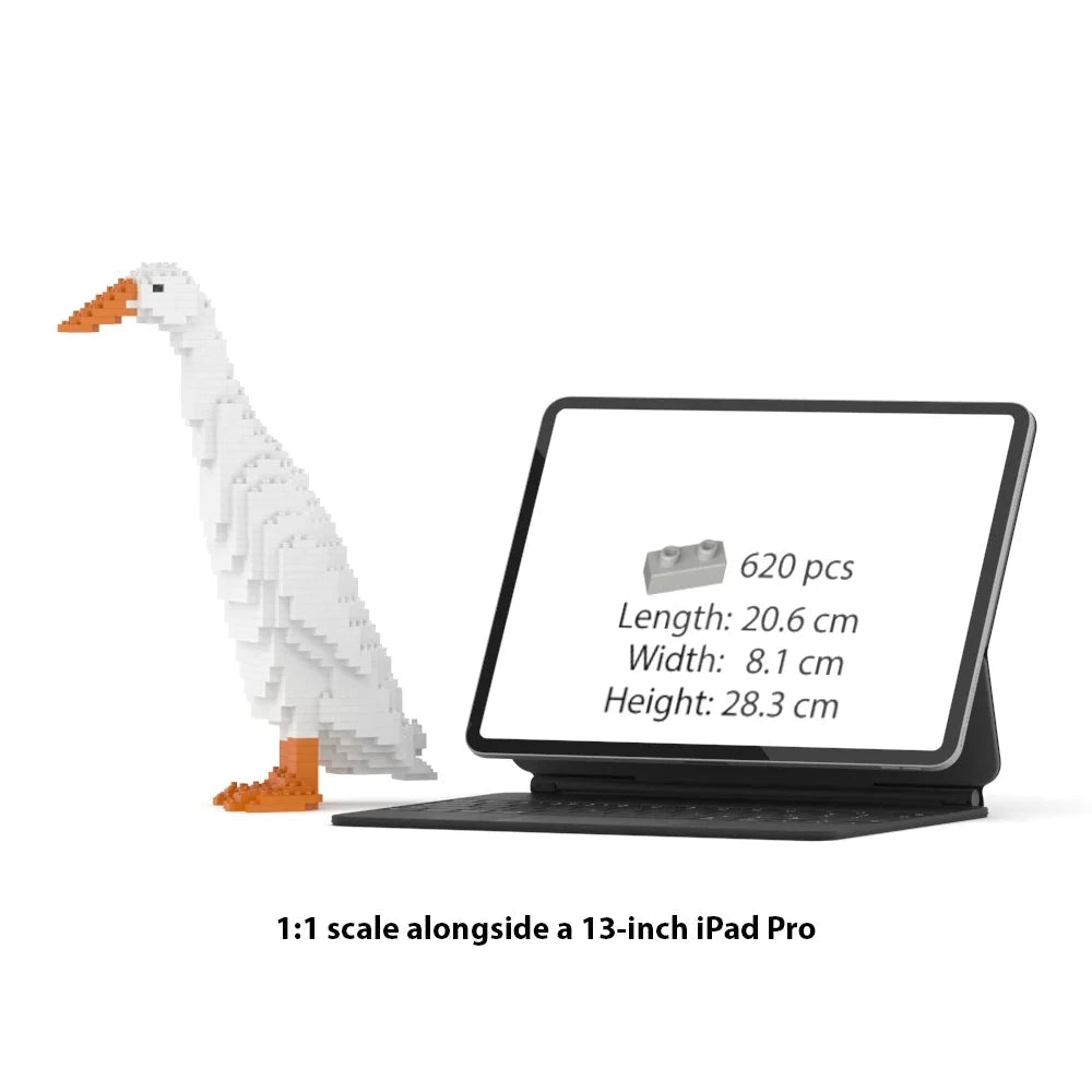 A 1:1 scale jekca geese building block set shown next to a 13-inch iPad Pro for scale comparison on a white background. The geese figure is constructed from white blocks with orange beak and legs, and the iPad Pro screen displays the product specifications.