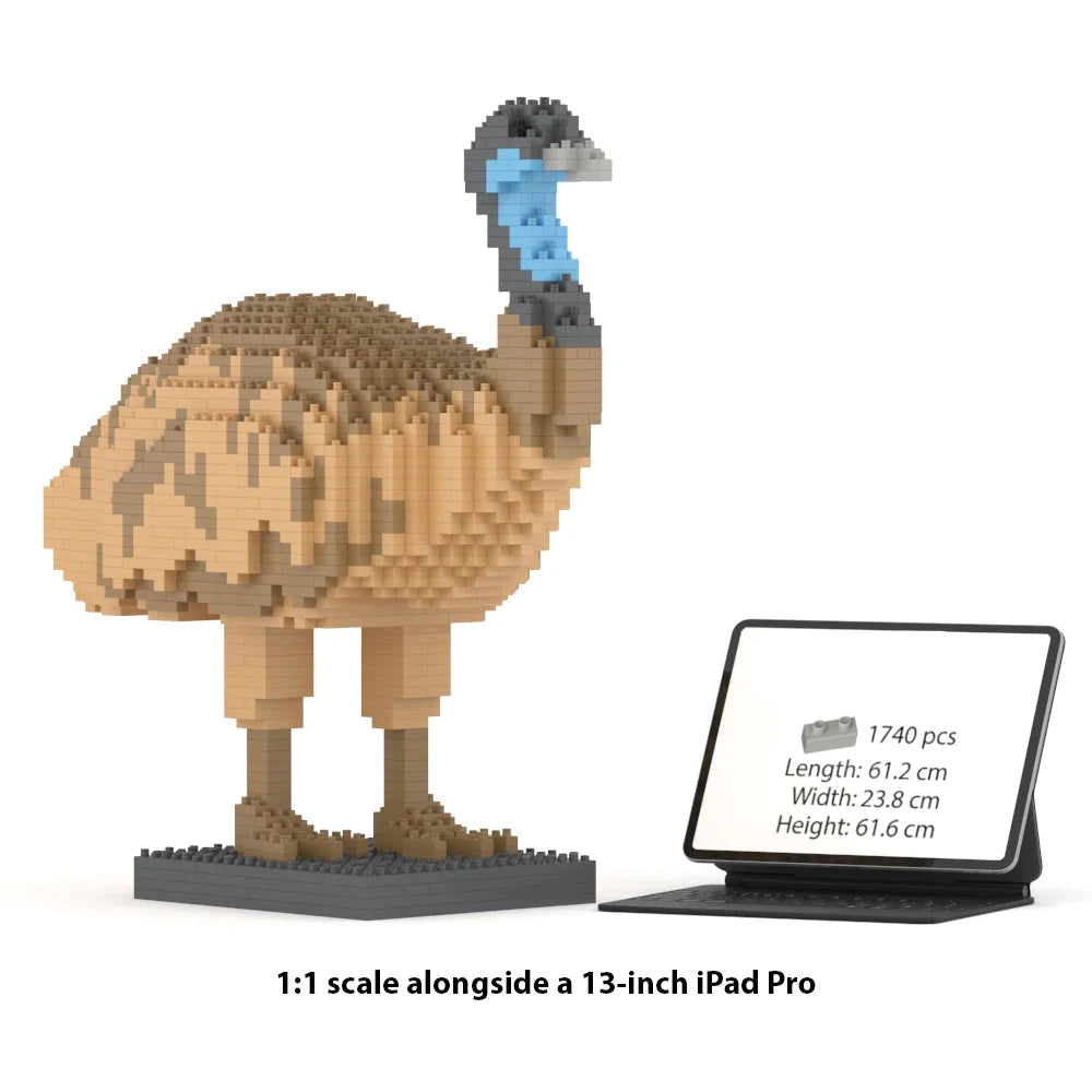 A 1:1 scale brick-built model of an emu shown beside a 13-inch iPad Pro on a white background, with text reading '1:1 scale alongside a 13-inch iPad Pro.' The emu is constructed from tan, brown, gray, black, and light blue building blocks on a dark base.