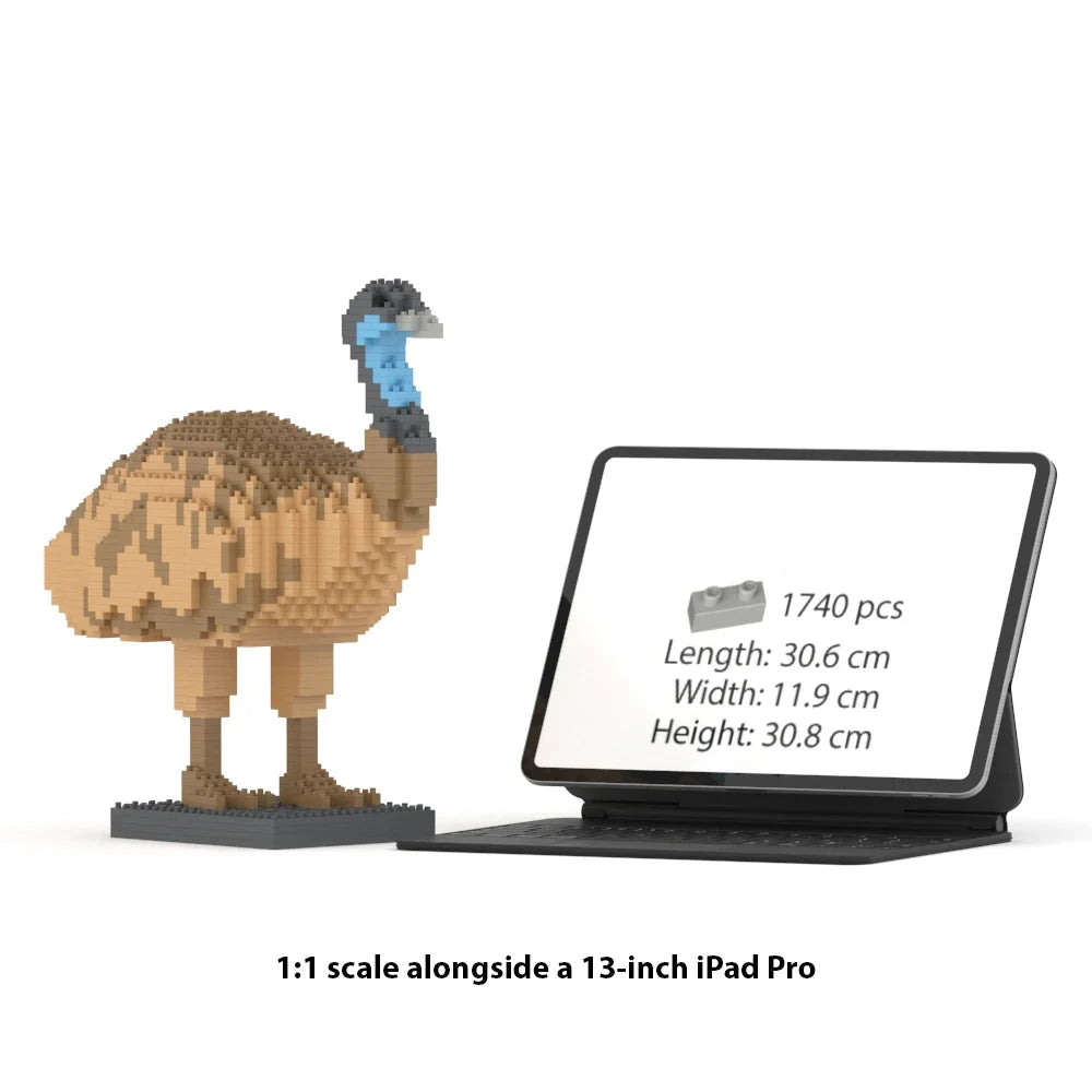 A 1:1 scale brick building set emu model shown next to a 13-inch iPad Pro displaying the product specifications. The emu is constructed from brown, beige, and blue interlocking blocks and stands on a black base.