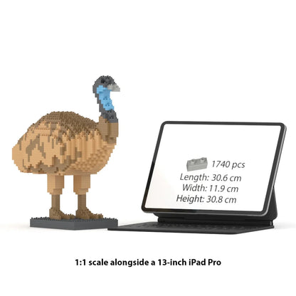 A 1:1 scale brick building set emu model shown next to a 13-inch iPad Pro displaying the product specifications. The emu is constructed from brown, beige, and blue interlocking blocks and stands on a black base.