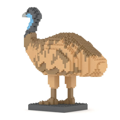 A 3D brick-built model of an emu constructed from tan, brown, and gray interlocking blocks, standing on a dark gray base against a solid white background.