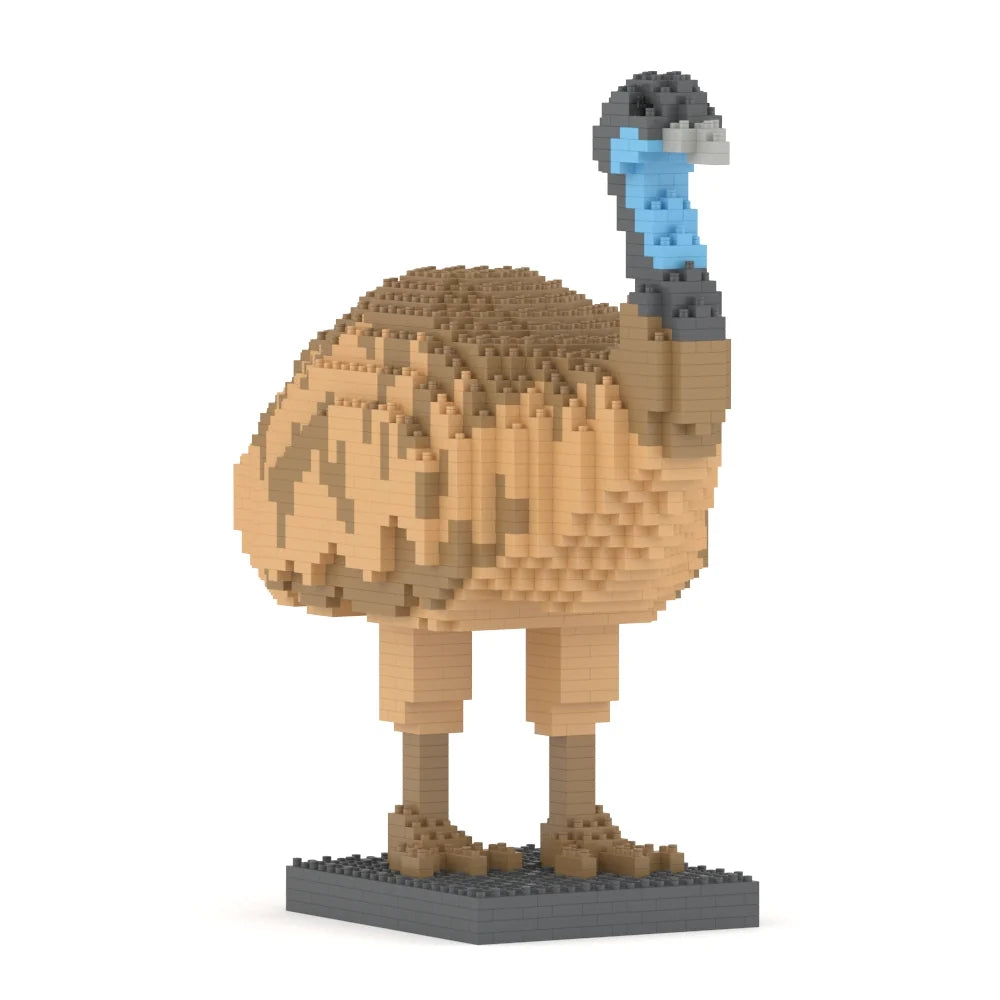 A toy brick-built emu sculpture on a dark gray base, featuring a tan and beige body, brown legs, a gray head, and a light blue neck, isolated on a white background.