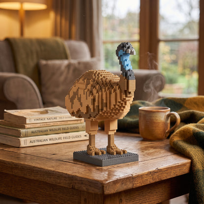 A 3D brick-built model of an emu constructed from tan, brown, and blue bricks, standing on a gray base on a rustic wooden table in a cozy living room setting.