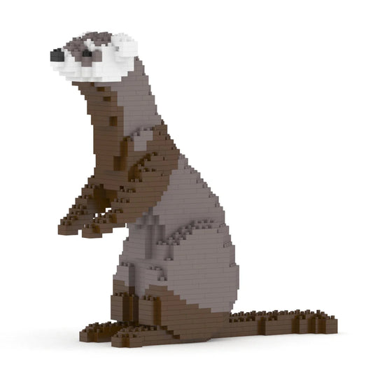 Model of a ferret made from interlocking bricks on a white background