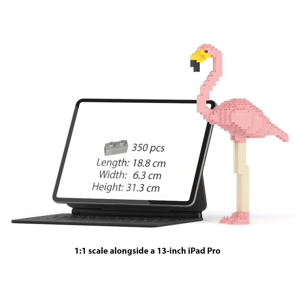 A pink pixel-art flamingo figure stands beside a tablet in a black folio case on a white background. The tablet screen shows product 350 pieces and dimensions