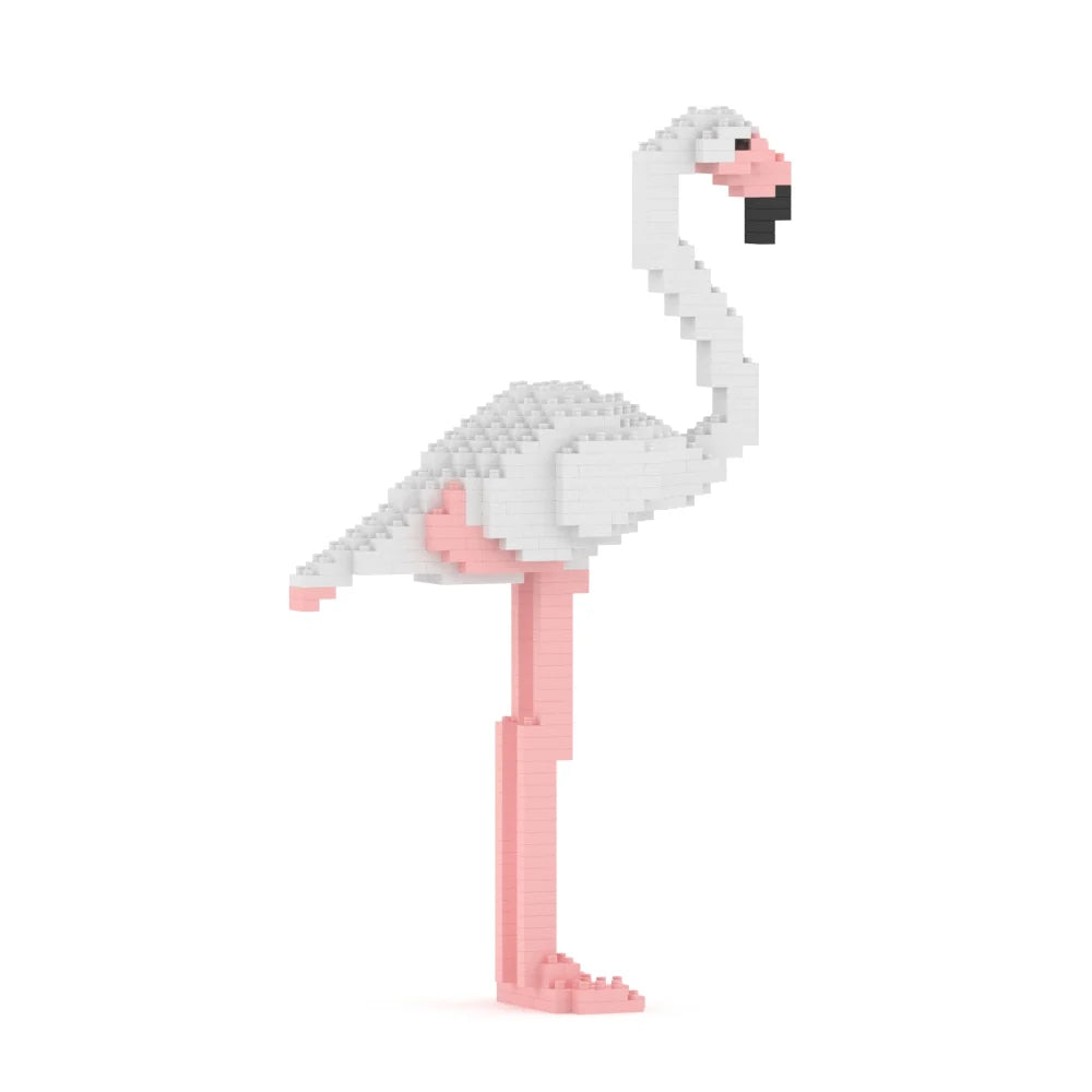 A pixelated block-style flamingo figure standing on one leg, shown in profile against a plain white background.