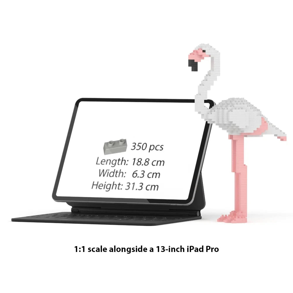 A 1:1 scale brick building set tablet stand shown beside a 13-inch iPad Pro on a white background, with a pixelated pink-and-white flamingo model standing next to the stand. The screen displays the product 350 pieces, and dimensions.