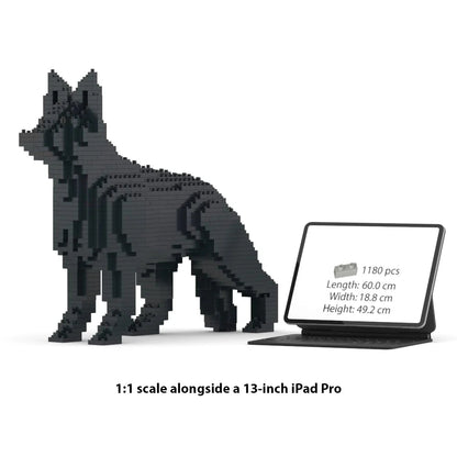 JEKCA German Shepherd 1:1 scale building block sculpture standing next to a 13-inch iPad Pro for size reference.
