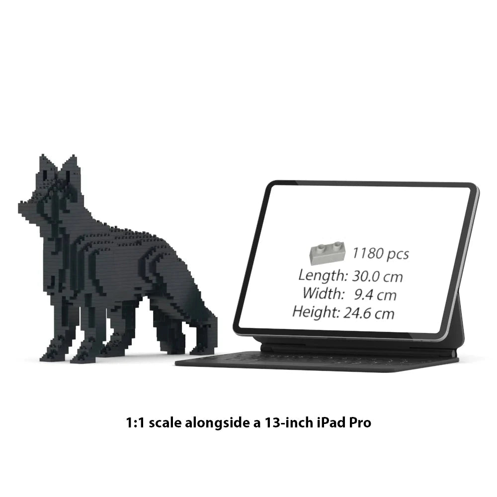 JEKCA German Shepherd 1:1 scale building block sculpture standing next to a 13-inch iPad Pro for size reference.