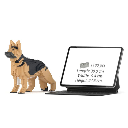 JEKCA German Shepherd 1:1 scale building block sculpture standing next to a 13-inch iPad Pro for size reference.