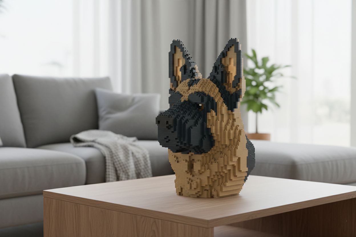 A pixelated dog head sculpture made of tan and black block-like pieces sits on a light wood table in a modern living room with a gray sofa and soft window light in the background.
