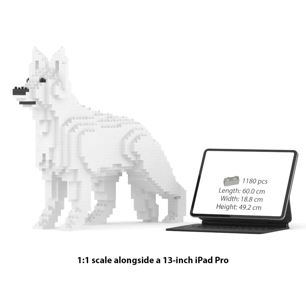 JEKCA German Shepherd 1:1 scale building block sculpture standing next to a 13-inch iPad Pro for size reference.