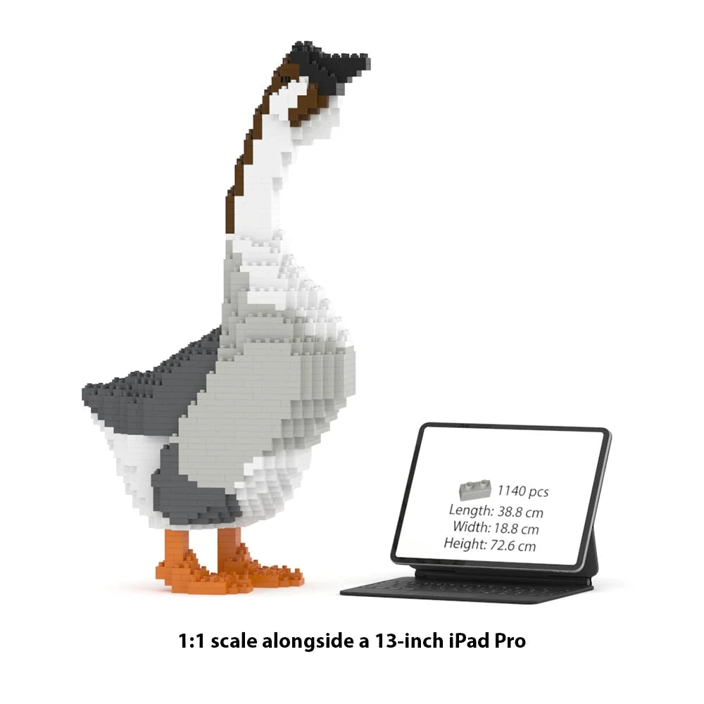 A 1:1 scale block-style geese model made of small square pieces stands beside a black iPad Pro on a white background, with text reading '1:1 scale alongside a 13-inch iPad Pro' and a product info label on the tablet.