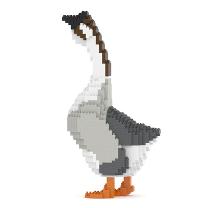 A pixelated geese figure built from small block-like pieces, shown in side profile on a plain white background. The geese has a white body, gray wings, a brown neck, and orange feet.