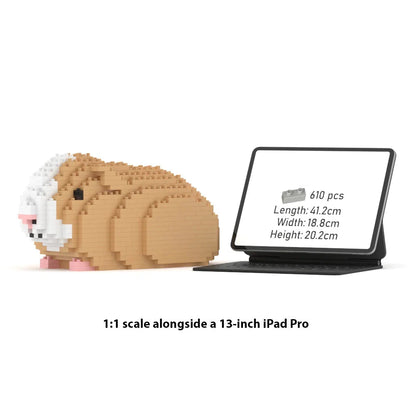 guinea pigfigure made of interlocking bricks next to a tablet displaying product details on a white background.