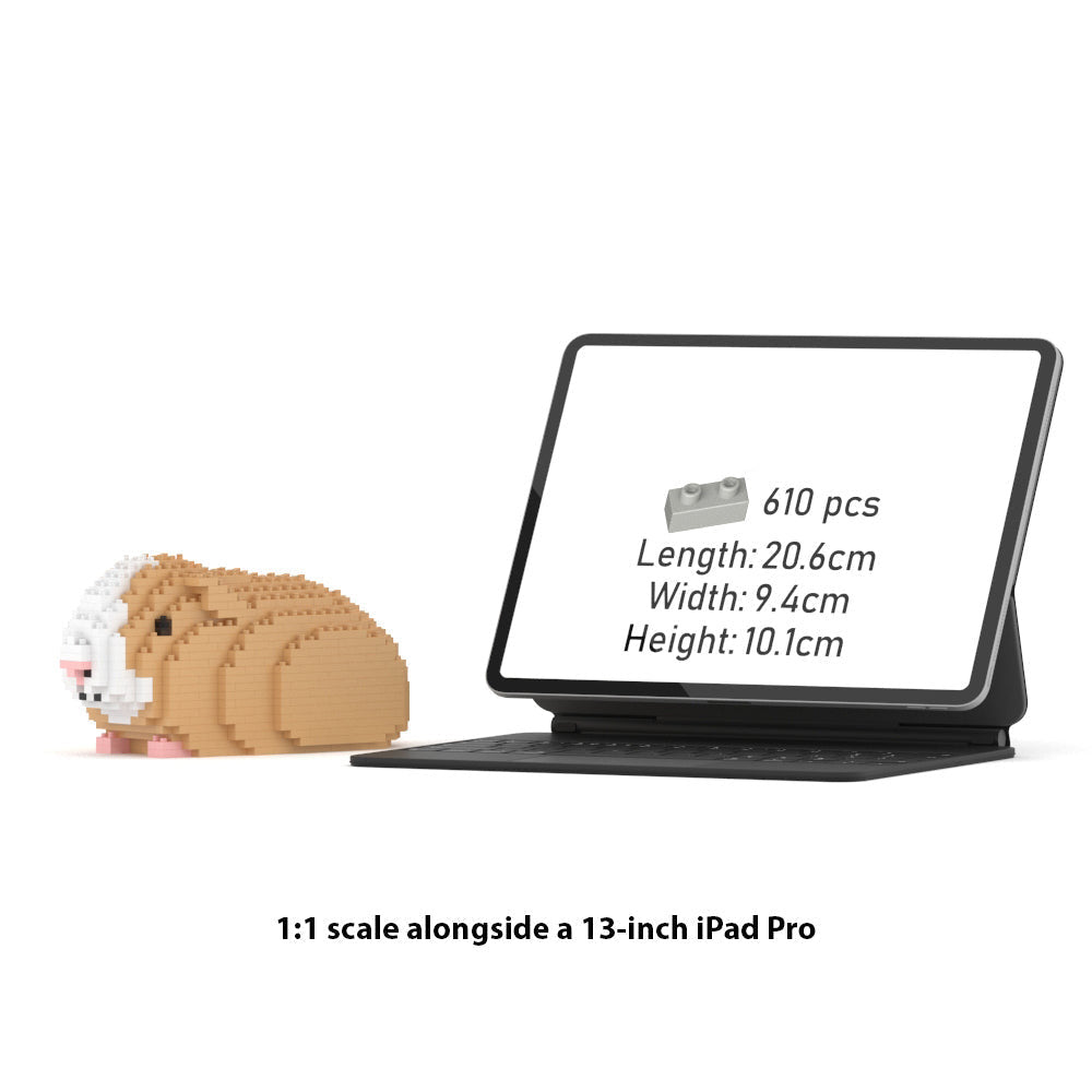 Small model of a guinea pig next to a tablet displaying product details on a white background
