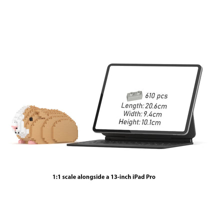 Small model of a guinea pig next to a tablet displaying product details on a white background