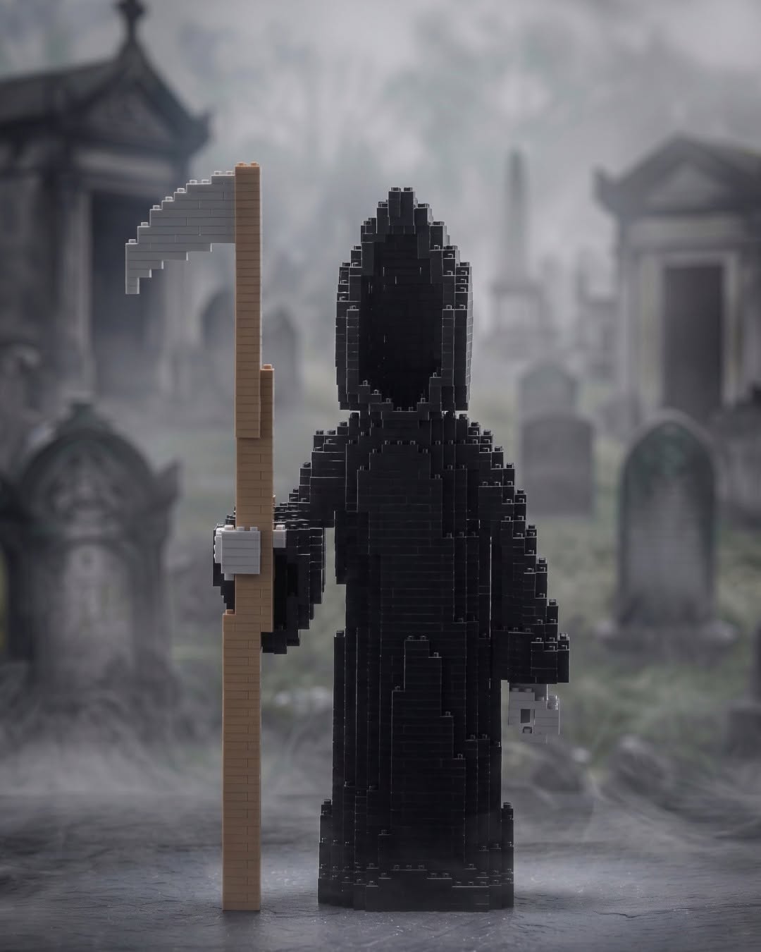 A LEGO-style grim reaper figure in a black hooded robe stands in a misty graveyard, holding a tan scythe with a silver blade.