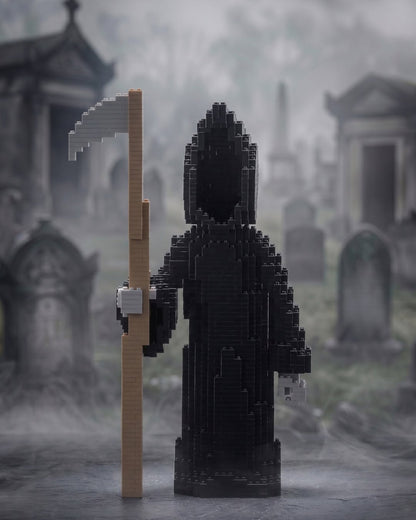 A LEGO-style grim reaper figure in a black hooded robe stands in a misty graveyard, holding a tan scythe with a silver blade.