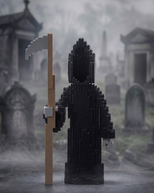 A LEGO-style grim reaper figure in a black hooded robe stands in a misty graveyard, holding a tan scythe with a silver blade.