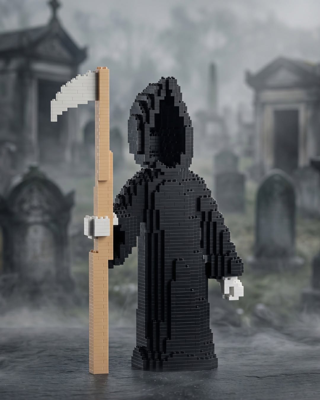 A LEGO-style grim reaper figure stands in a foggy graveyard scene, wearing a black hooded robe and holding a large scythe with a beige handle and white blade.