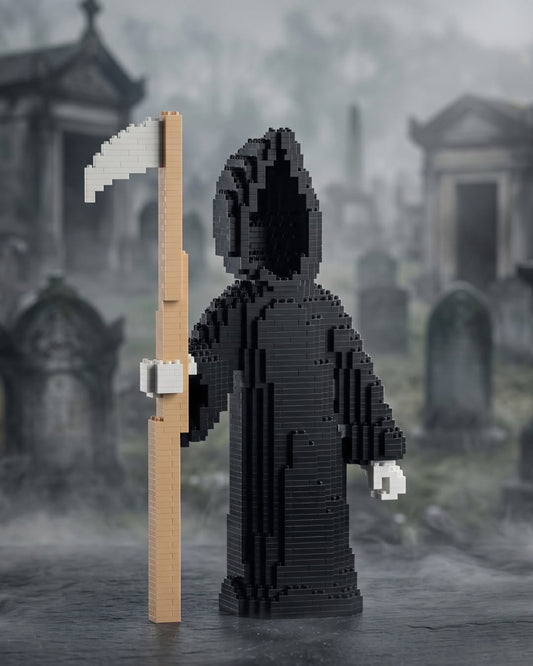 A LEGO-style grim reaper figure stands in a foggy graveyard scene, wearing a black hooded robe and holding a large scythe with a beige handle and white blade.