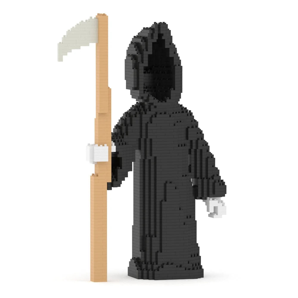 A small block-built grim reaper figure in a black hooded robe holding a tan scythe with white blade and white gloves, shown on a plain white background.