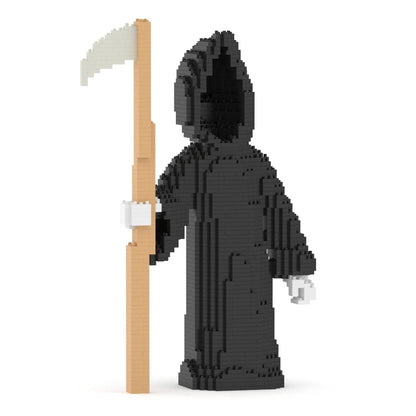 A small block-built grim reaper figure in a black hooded robe holding a tan scythe with white blade and white gloves, shown on a plain white background.
