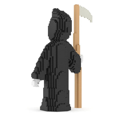 A block-built grim reaper figure in a black hooded robe holding a beige scythe with a white blade, shown on a plain white background.