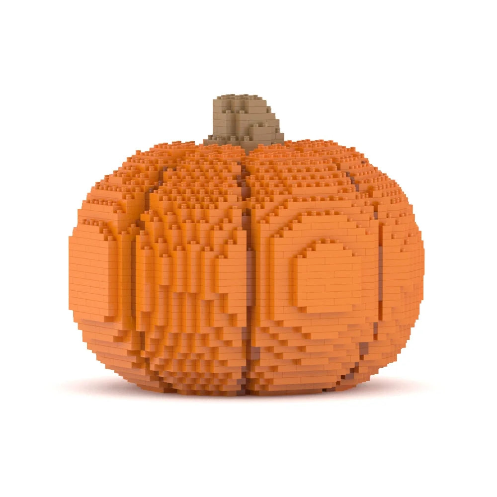 A 3D-rendered pumpkin made from orange building blocks, with a small brown stem on top, shown on a plain white background.