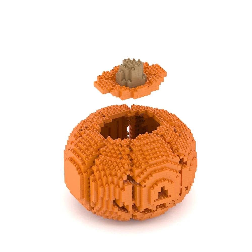 An orange block-built pumpkin sculpture with carved jack-o'-lantern facial features, shown disassembled with its lid floating above on a white background.