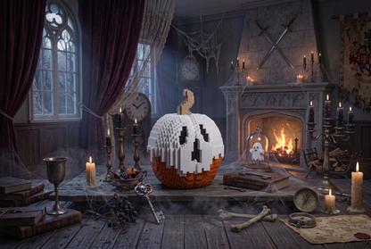 A large pixelated jack-o'-lantern made of white and orange blocks sits on a wooden table in a dark, gothic room with a burning fireplace, candles, cobwebs, books, and bones.