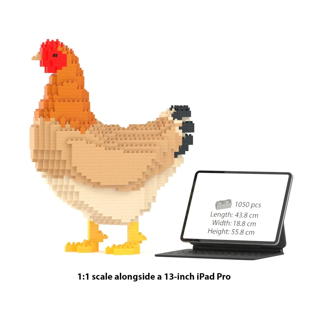 A 1:1 scale chicken building block model made of small interlocking pieces, shown beside a 13-inch iPad Pro on a white background. Text below reads '1:1 scale alongside a 13-inch iPad Pro.