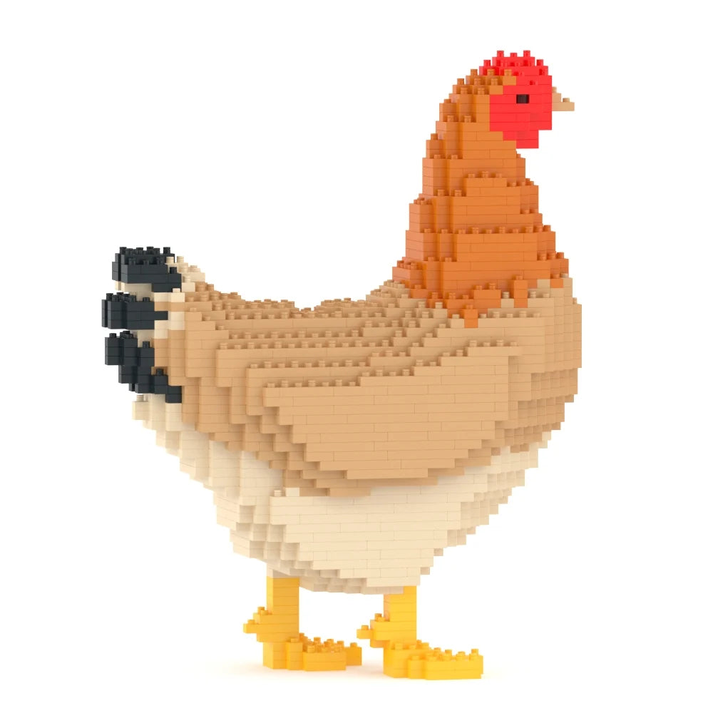 A pixelated block-style chicken sculpture made from small colored pieces, shown standing on a plain white background.