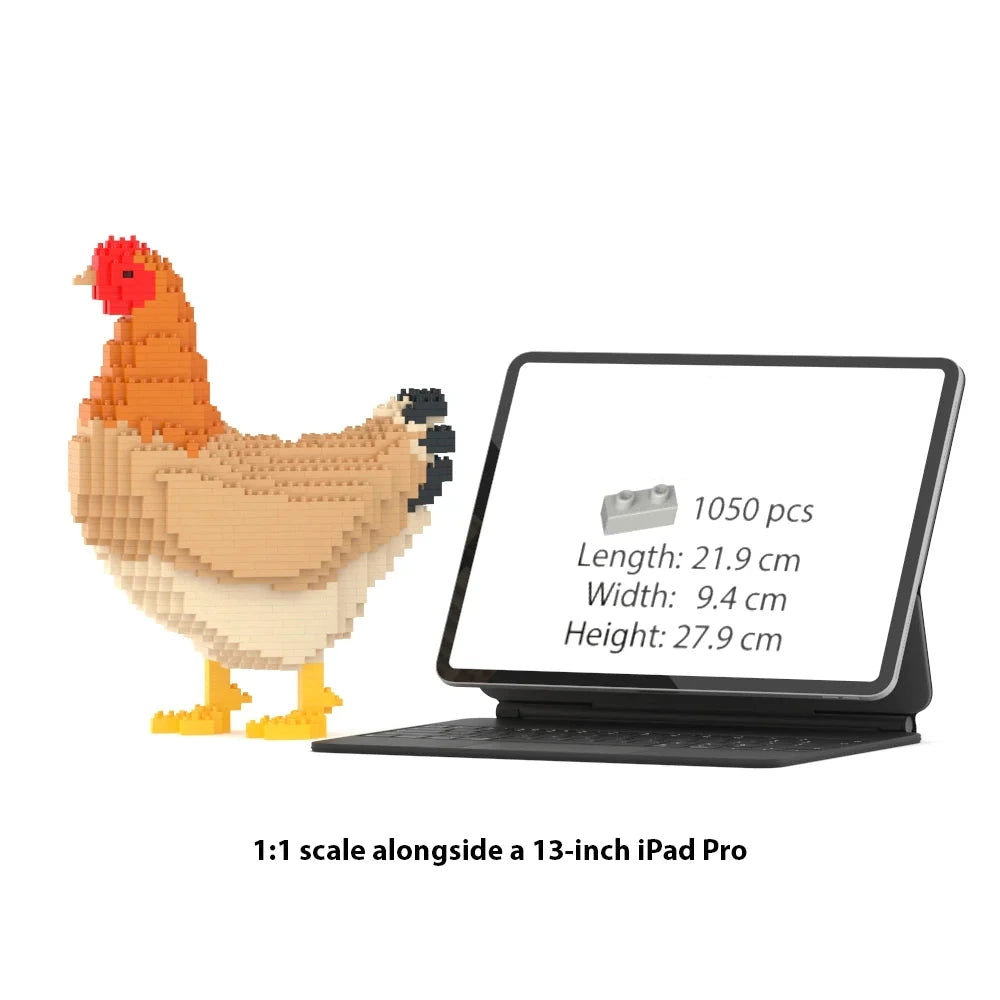 A 1:1 scale JEKCA brick building set chicken model is shown next to a tablet displaying product details, with text at the bottom reading '1:1 scale alongside a 13-inch iPad Pro'.