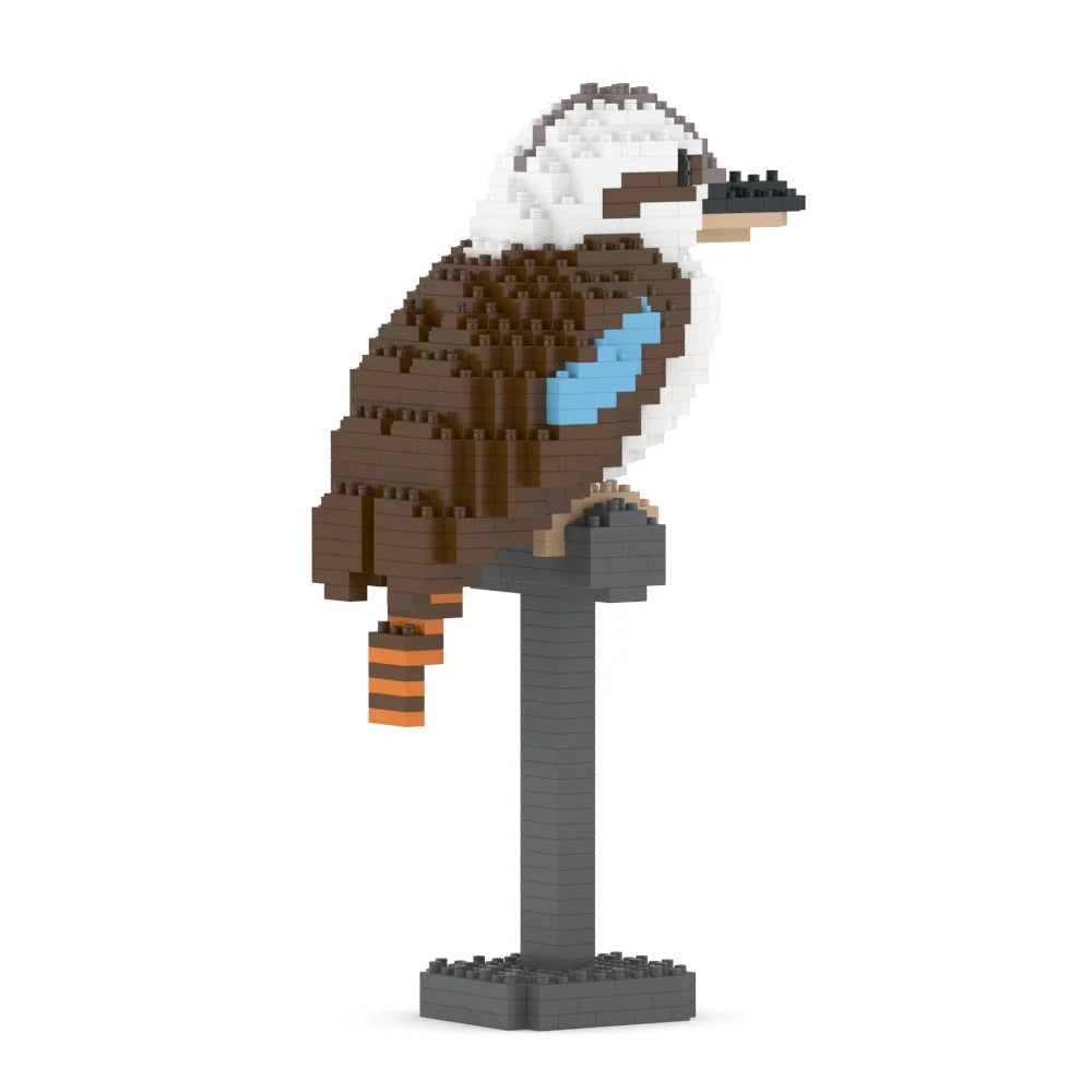 A small kookaburra bird sculpture built from interlocking square beads, perched on a dark gray stand against a plain white background.