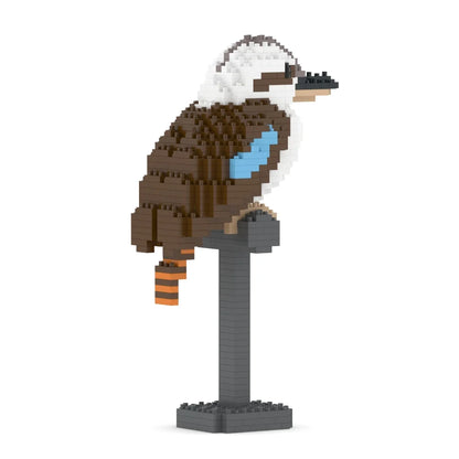 A small kookaburra bird sculpture built from interlocking square beads, perched on a dark gray stand against a plain white background.