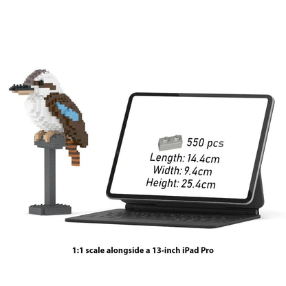 kookaburra building set standing against the 1:1 scale 13inch iPad Pro displaying the dimensions of the set