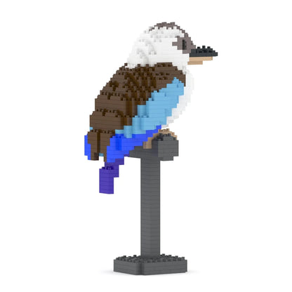 A small kookaburra bird model built from interlocking square blocks, perched on a gray display stand against a plain white background.
