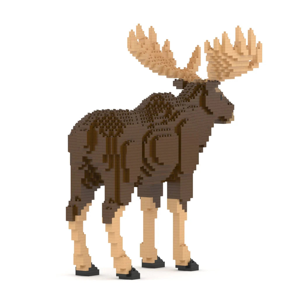 Moose figurine made of interlocking bricks on a white background