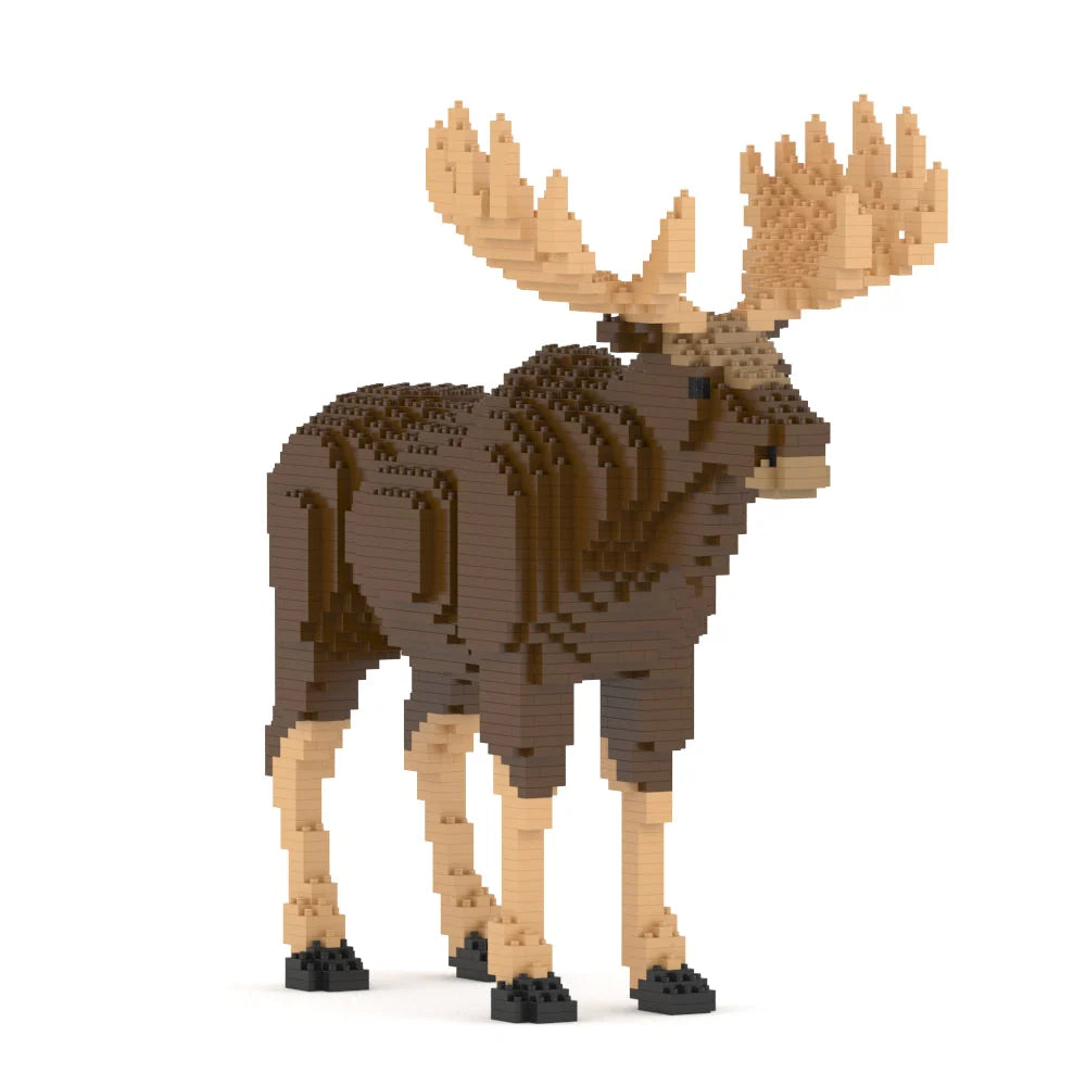 Toy moose made of interlocking bricks on a white background