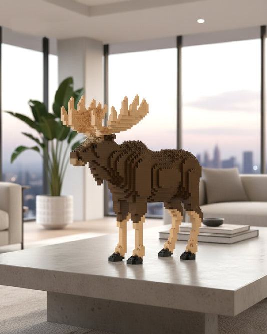 Model of a moose made from interlocking bricks on a table with a cityscape view in the background