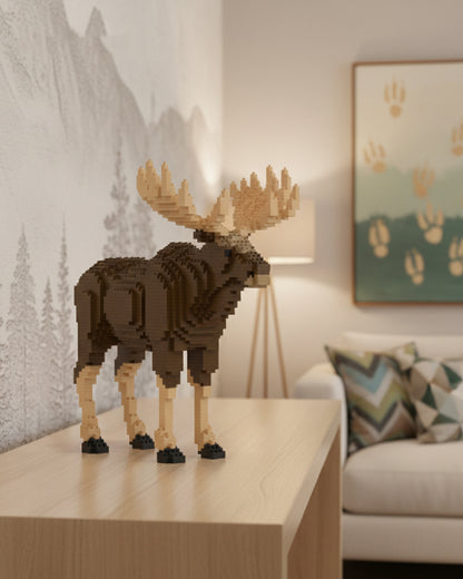 interlocking blocks moose figurine on a table in a living room setting