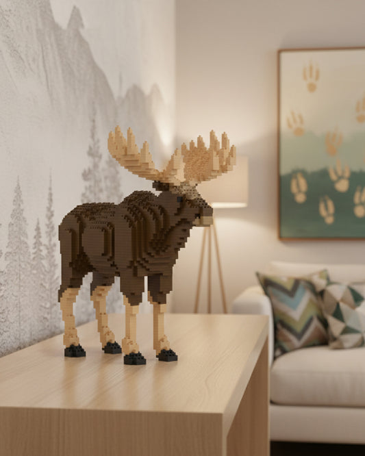 interlocking blocks moose figurine on a table in a living room setting