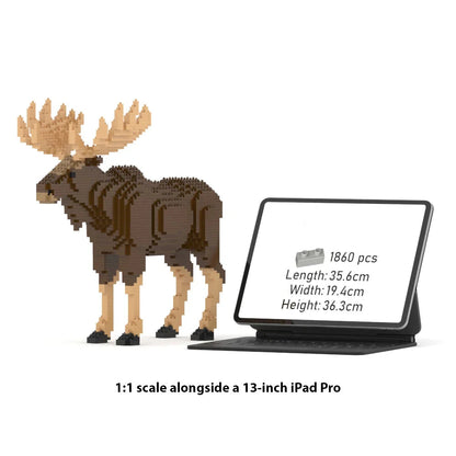 Model of a moose next to a tablet displaying product details on a white background